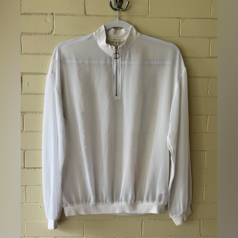 Silence & Noise sheer white 1/4 zip top.